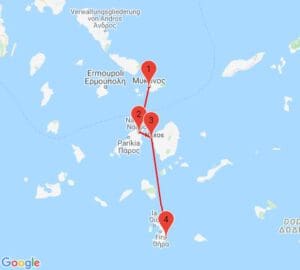 Start mit Mykonos ✈, Ende auf Santorini ✈ oder umgekehrt. Dazwischen Paros und Naxos Inselhopping Griechenland Kykladen