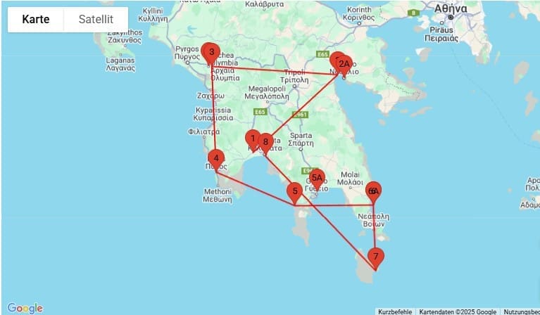 Verlauf der Rundreise Griechenland Rundreisen Peloponnes-Geschichte und Natur