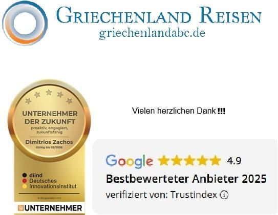 Das auf Griechenland Reisen spezialisierte Unternehmen von Dimitrios Zachos wurde für seine individuellen Griechenland Urlaub nach Kundenbedürfnissen vom Deutschen Innovationsinstitut für Nachhaltigkeit und Digitalisierung als Unternehmer der Zukunft und von Google, verifiziert durch Trustindex, als Bestbewerteter Betrieb 2025 ausgezeichnet.